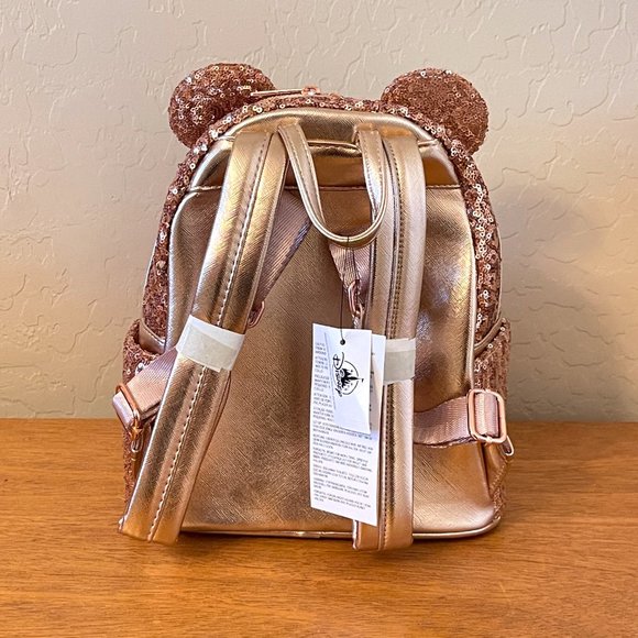 New Disney Parks Loungefly Backpack Bag Rose Gold Sequin NWT - Picture 3 of 7